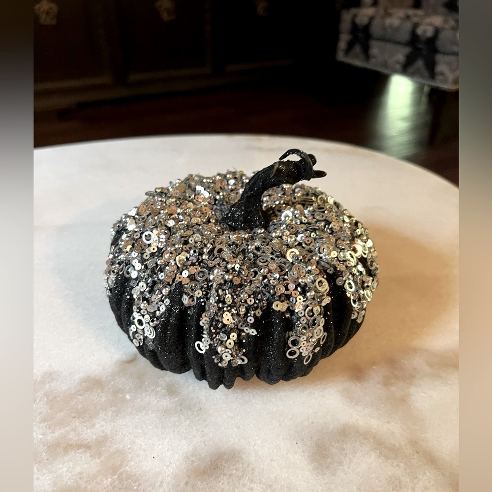 Halloween Decor Black and Silver Pumpkin 6”x3.5”